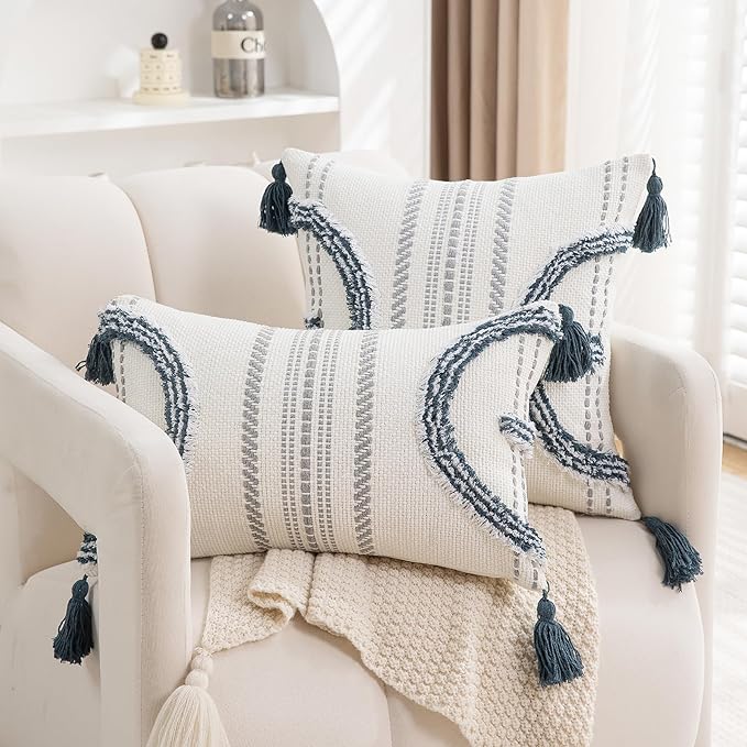 Boho Throw Pillow Covers 12x20 Set of 2 Cotton Woven Tufted Farmhouse Lumbar Pillows Covers with Tassels Outdoor Neutral Decorative Pillowcases Rectangle Textured Accent Cushion for Couch Bed Sofa