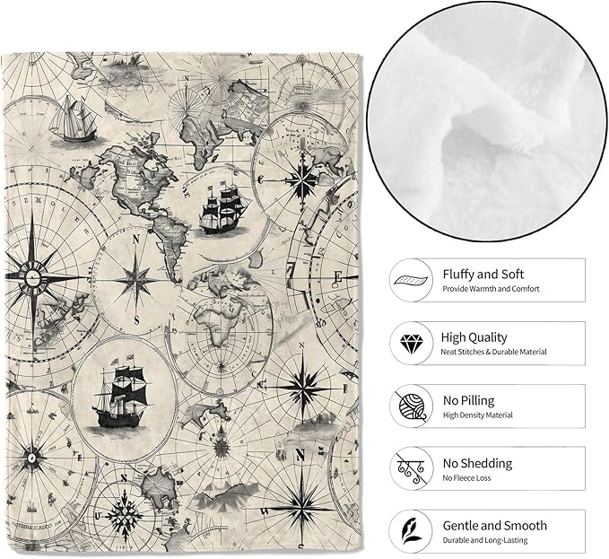 Vintage Nautical World Map Throw Blanket - 50x60in,Ultra Soft, Cozy Lightweight Flannel,Sailing Ship Retro Blankets - Gifts for Women & Adventure Lovers,for Couch Home Living Room Decor