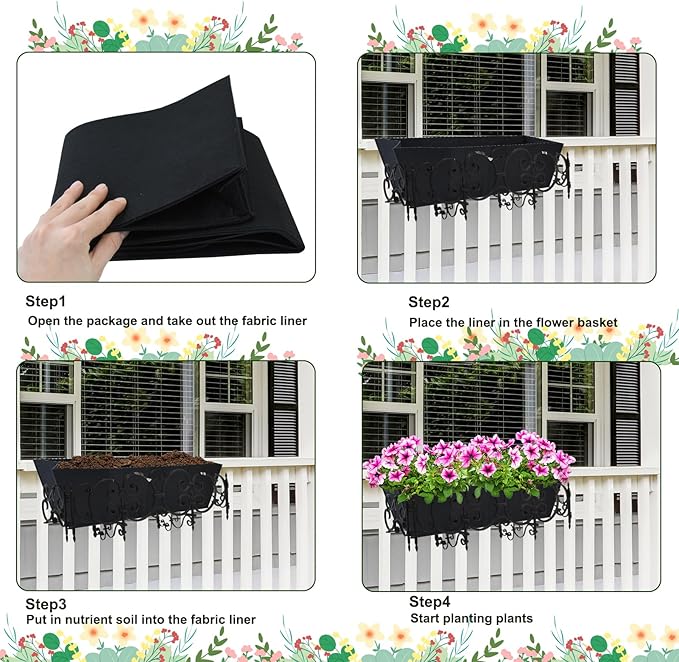 4PCS 24Inch Rectangle Window Box Liner Felt Planter Basket Liner Insert Black Plant Container Liners Non Woven Fabric Liner for Garden Fence Wall Railing Hanging Flower Pot - Avoid Bird Nesting