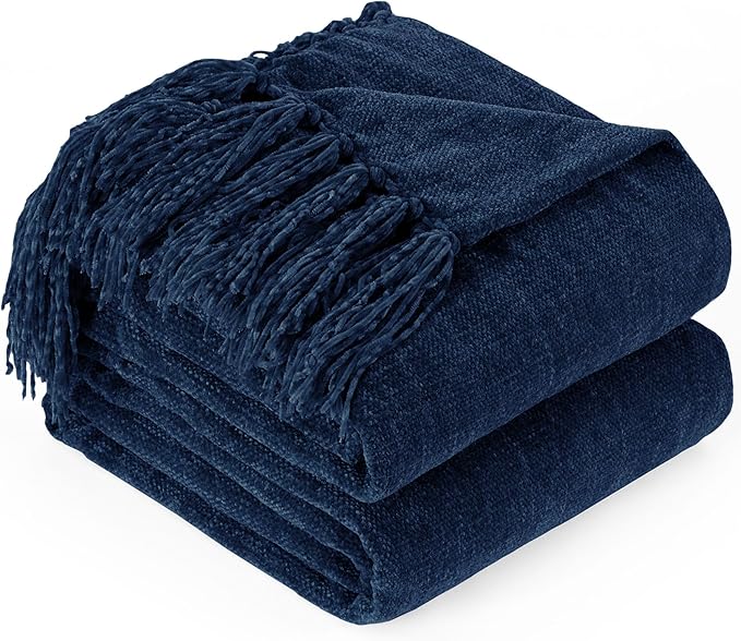 Chenille Throw Blanket for Couch with Tassels,50"X60" Soft Cozy Lightweight Knitted Boho Decorative Blankets for Bed and Sofa,Navy Blue