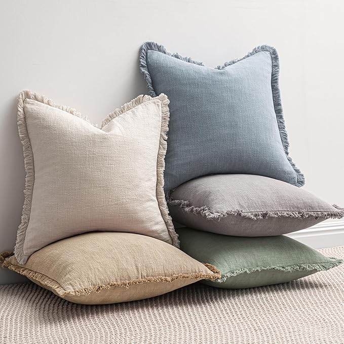 MIULEE Decorative Throw Pillow Covers Neutral Linen Fringe Throw Pillows Euro Shams Set of 2 Light Blue Boho Farmhouse Cushion Covers for Couch Sofa Bed Living Room Spring Home Decor 26x26 Inch