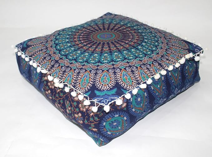 CRAFT KALA Blue Peacock Large Hippie Mandala Meditation Floor Ottoman Pillow Cushion Pouf Cover Square Poufs Bohemian Circle Floor Cushion Case Outdoor Fireplace Living Room Decor Cover 18" Square