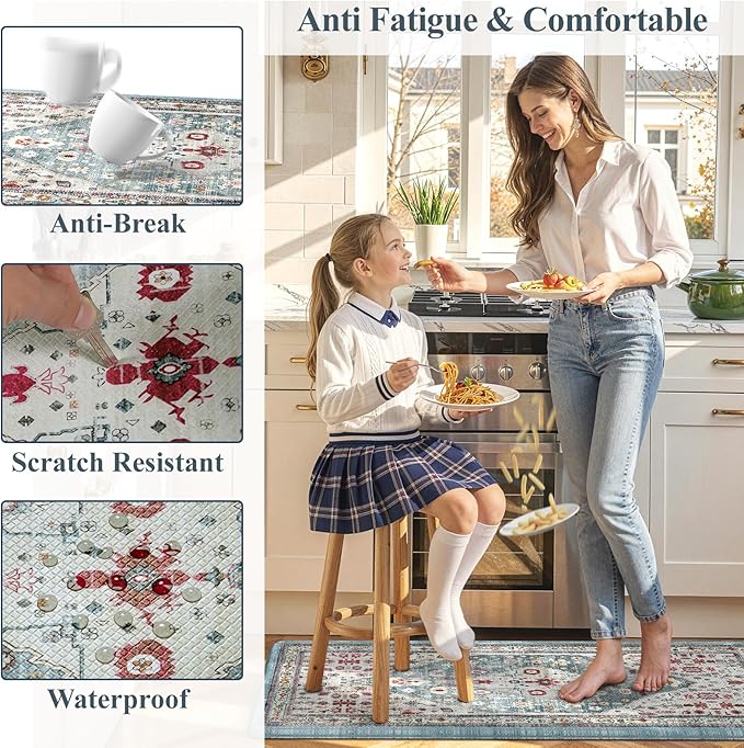 Collive Boho Kitchen Rugs and Mats 2PCS Cushioned Anti-Fatigue Floor Mat, Waterproof Kitchen Rug Set of 2 Non-Skid Comfort Standing Mat for Kitchen,Home,Office,Sink,Laundry,17.3"x29"+17.3"x59"