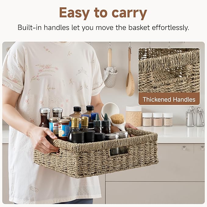 StorageWorks Pantry Baskets, Wicker Storage Baskets for Organizing, Bathroom Shelves, Pantry Organizers and Storage, Seagrass, 15½"L x 11¾"W x 4 ¾"H