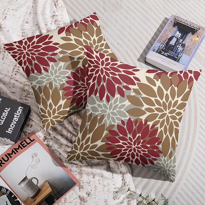 Brown Red Pillow Covers 18X18 Inch Set of 2, Dahlia Flower Spring Summer Floral Cream Decorative Throw Pillow Covers Outdoor Modern Farmhouse Cushion Case for Home Couch Sofa Bed Decor