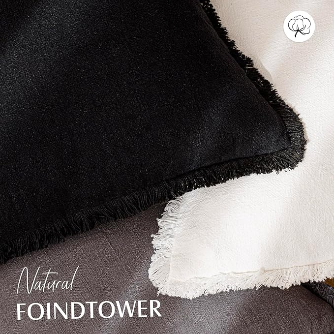 Foindtower Set of 2 Decorative Linen Fringe Throw Pillow Covers Cozy Boho Farmhouse Cushion Cover with Tassels Soft Accent Pillowcase for Couch Sofa Bed Living Room Home Decor, 26×26 Inch, Black