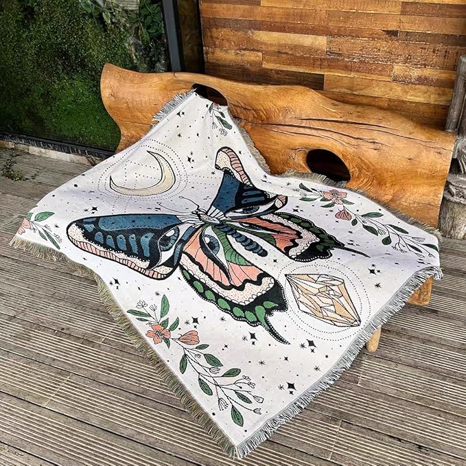 Hopstar Butterfly Throw Blanket Outdoor Blankets and Throws Boho Western Decor Cotton Woven Couch Cover Blanket for Sofa Living Room Beach Travel 51"x63" (Moth)