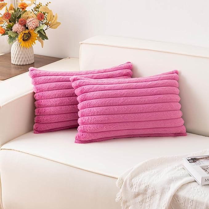 Pack of 2 Faux Fur Christmas Throw Pillow Covers 12x20 Inch, Soft Plush Striped Neutral Couch Pillow Cover, with Velvet Back Modern Home Decor for Sofa Living Room Couch Bed Hot Pink