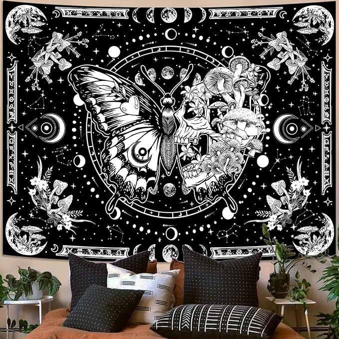 Skeleton Butterfly Tapestry Black and White Skull Mushroom Plants Tapestries Hippie Aesthetic Tapestry Wall Hanging for Bedroom Living Room Dorm (Black, 80” x 60”)