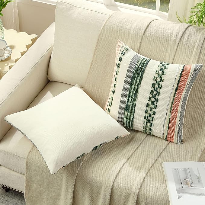 FUTEI Green Decorative Throw Pillow Covers 18x18 Inch Set of 2, Soft Tufted Striped Textured Accent Cushion Case,Boho Pillows for Couch Decor