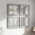 Set of 4 Boho Wall Mirrors with Carved Floral Design, 12x12 Inch Rustic Farmhouse Accent Mirrors, Vintage Style Shatterproof Square Mirror Decor for Living Room, Bedroom(Brown)