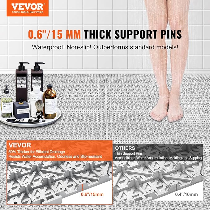VEVOR Interlocking Tile 55PCS, Drainage Tiles 12" x 12" Splicing, Soft PVC Interlocking Drainage Floor Tiles, Non-Slip Drainage Holes for Restroom, Bathroom, Kitchen, Pool, Wet Areas, Grey