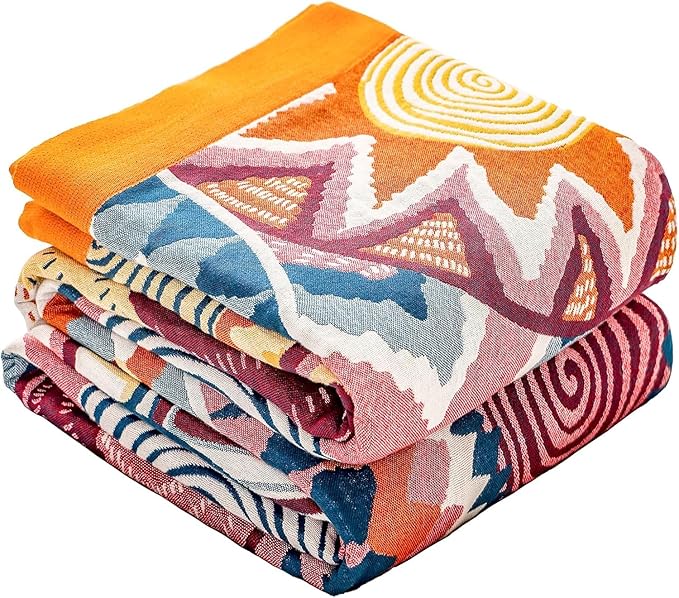 Queen Boho Throw Blanket for Bed 100% Cotton Ultra Soft Rustic Cozy Muslin Quilt Farmhouse Decor Bed Blanket,80"×90" All Season Rustic Throw for Sofa Couch,Colourful Sun