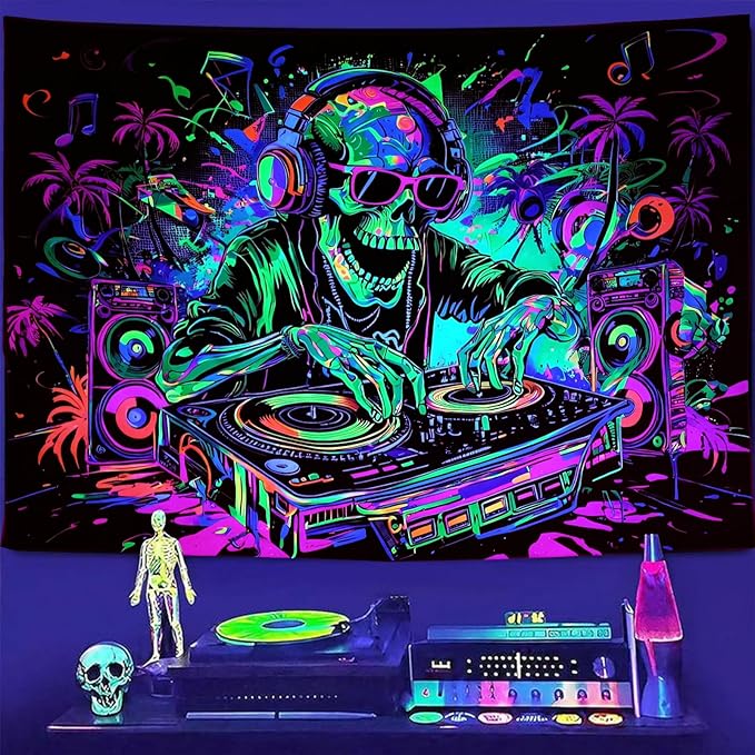 TUGCAY Blacklight Skull Tapestry Funny Skeleton Hip Hop Music Tapestry UV Reactive Gothic Hippie Tapestries Wall Hanging for Bedroom Dorm Game Room Decor(70.9 x 90.6 Inches)