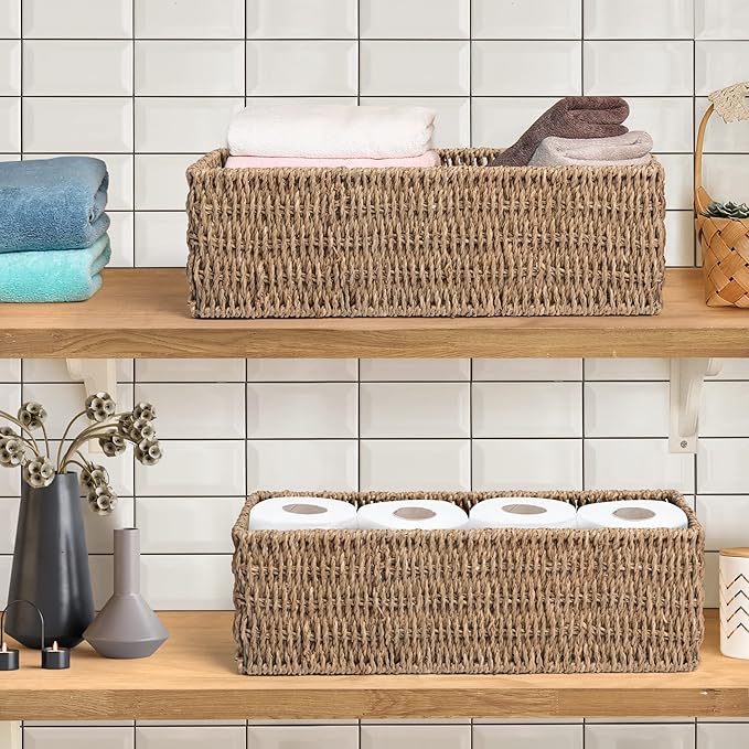 JS HANGER Paper Storage Basket, Metal Frame, Set of 2, 14.9"L x 6.3"W x 4.7"H, Wicker Basket for Pantry, Toilet, Bathroom, Bedroom, Patio Storage Baskets for Shelves