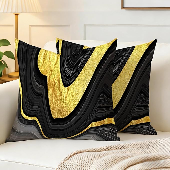 Black and Gold Marble Texture Throw Pillow Covers 18x18 Inch Set of 2, Decorative Gold and Black Grey Modern Boho Art Pillow Covers for Office Couch Sofa Bedroom Living Room Farmhouse Home Decor