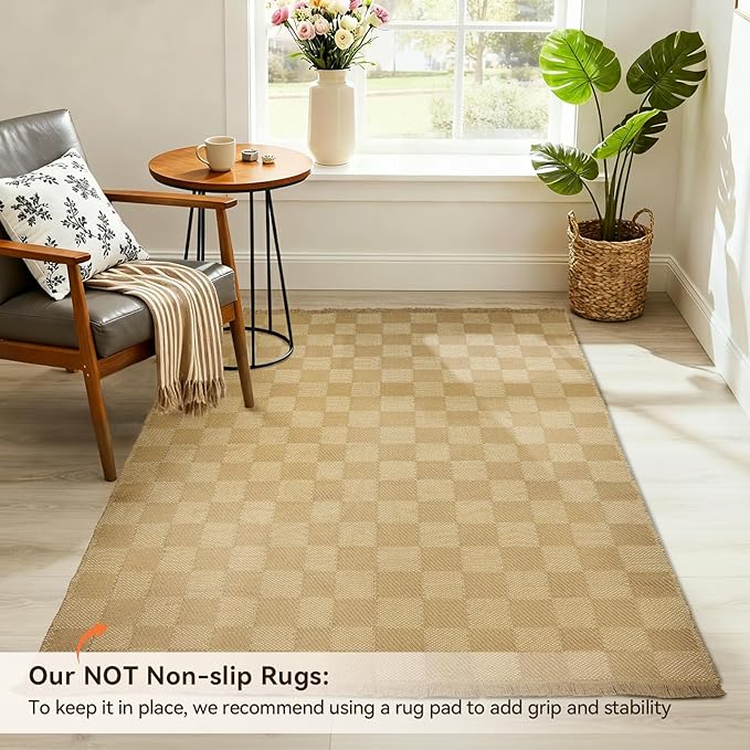 BESTSWEETIE 3'x5' Washable Rug Hand-Woven Low Pile Soft Checkerboard Pattern Reversible Checkered Braided Rugs with Short Fringe Carpet for Living Room Bedroom Dining Room Home Decor - Naturejute
