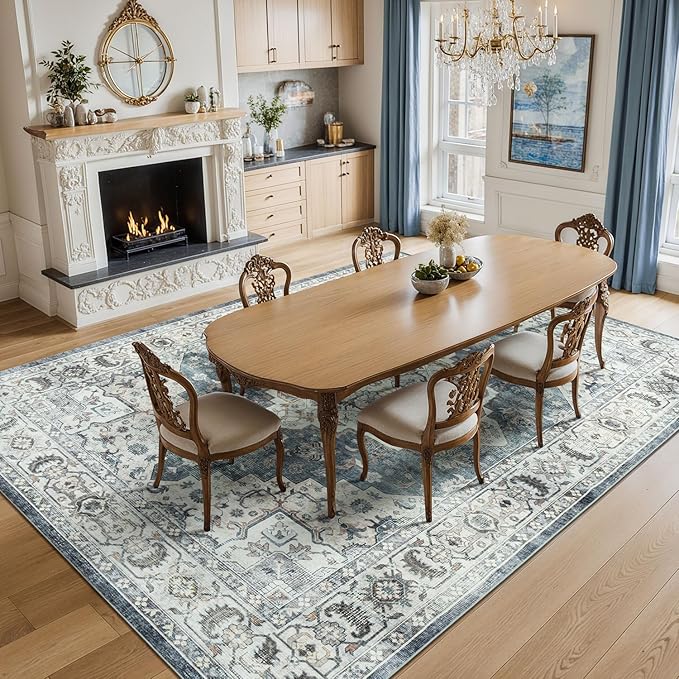 Lessymo 8x10 Vintage Medallion Rug for Living Room, Machine Washable Area Rugs for Bedroom Dining Room Under Table, Soft Low Pile Carpet with Non Slip Backing, Blue Grey/Beige