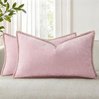 decorUhome Summer Chenille Soft Cozy Throw Pillow Covers 12x20 Set of 2, Modern Farmhouse Boho Velvet Decorative Pillow Cases with Stitched Edge for Couch Sofa Bed Home Decor, Blush Pink