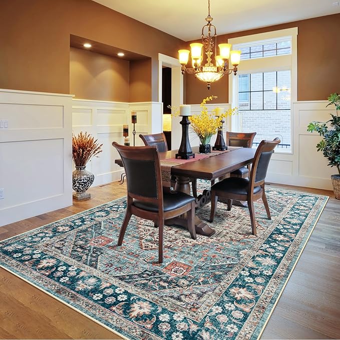 Amearea Vintage Design Blue Area Rugs for Living Room, 4x6 Machine Washable Floral Collection Traditional Bedroom Rug, Low Pile Dinning Room Carpet, No Slip Office Kitchen Home Decor, Light Blue