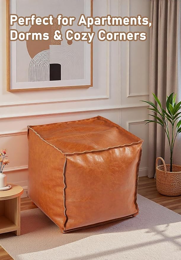 Unstuffed Pouf Ottoman Cover – Durable Faux Leather, Scratch-Resistant & Easy to Clean – Modern Square Pouf Cover with Storage and Functionality, Ideal for Apartment Living