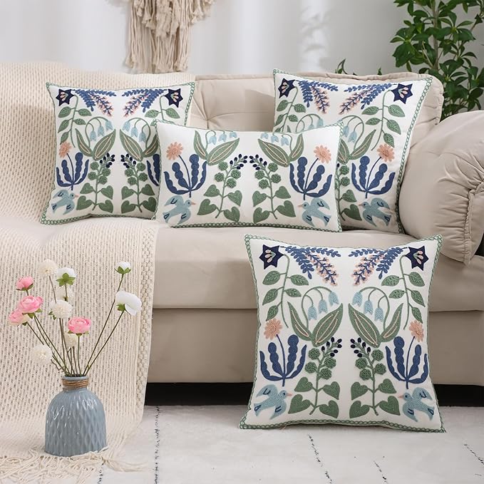 Tosleo Embroidered Pillow Covers 12x20 Set of 2 Green Leaves with Birds Floral Tufted Pillowcases Spring Summer Decorative Coastal Pillow Cushion Cases Lumbar Navy Blue Flower Pillow Case