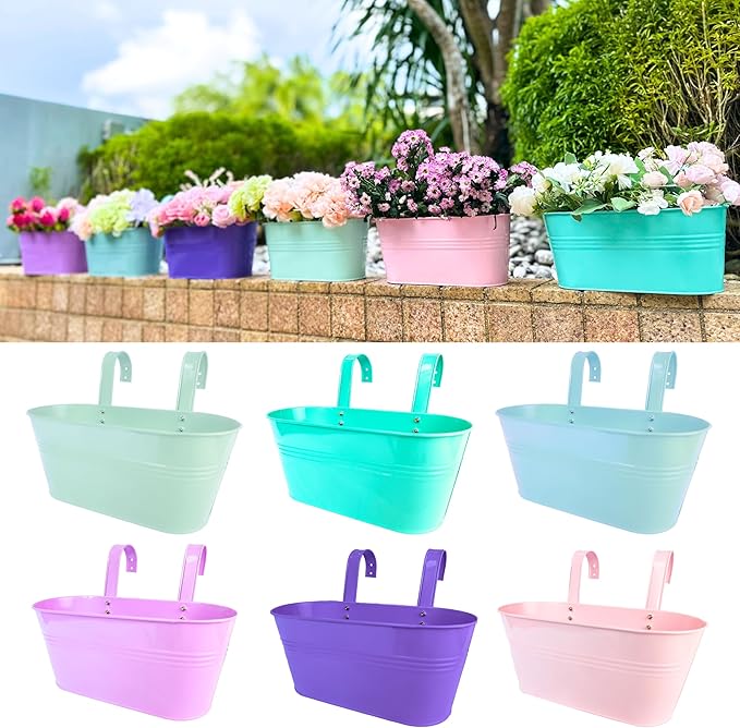 LaLaGreen Outdoor Hanging Planter (11.2 Inch, 6 Pack) Light Pink, Light Purple, Turquoise, Light Blue, Dark Purple, Cadet Blue Metal Iron Window Box Flower Pot Deck Railings Fence Porch Garden Decor