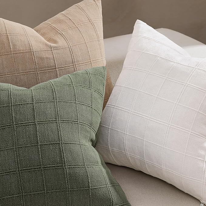 Woaboy Linen Check Throw Pillow Covers Set of 2 - Cream White Farmhouse Modern Boho Vintage Decorative Cushion Covers for Sofa Couch Bedroom Living Room Decor 20x20 Inch