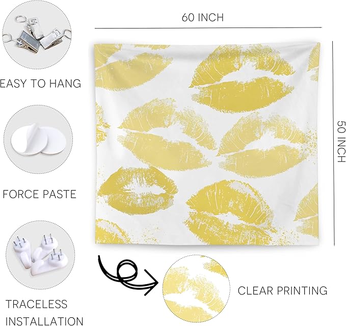 WNAGT Trendy Black and White Kiss Lips Tapestry Wall Hanging, Funky Makeup Wall Decor, Fashion Aesthetic Wall Blanket Decor for Girls Room College Dorm Makeup Room Beauty Room, 50x60 Inch
