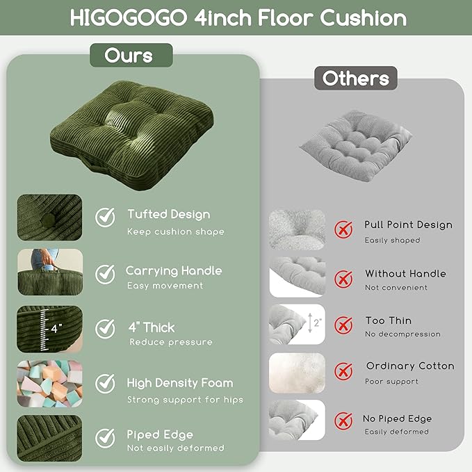 HIGOGOGO Floor Pillow Cushion for Adults, Meditation Cushion Pillow, Large Square Floor Sitting, Tufted Corduroy Cover, for Tatami Living Room or Yoga, 22x22 Inch, 2Pack, Dark Green