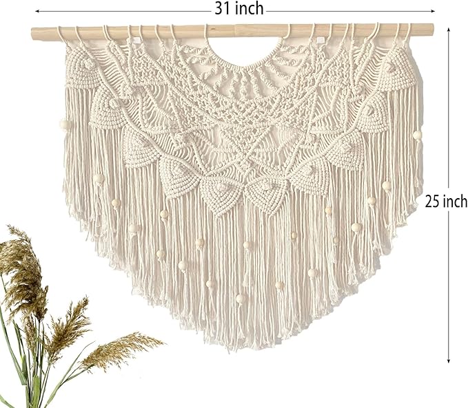 Youngeast Large Macrame Wall Hanging Boho Beaded Curtain for Window Macrame Bedroom Headboard Living Room Wall Art Tassel Tapestry Bohemian Woven Wall Decor 31" W X 25" H (Beige)
