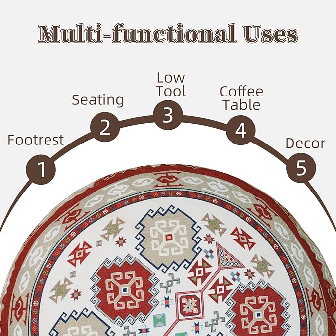 Unstuffed Pouf Cover Ottoman Footrest Bohemian Chenille Foot Stool Floor Bean Bag 20x8 Inches for Living Room Bedroom Home Decor (Red, Round)