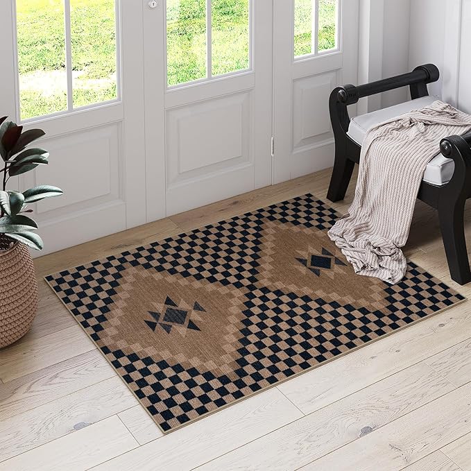 LIVEBOX Easy Jute Washable Rugs 3x5, Modern Checkered Kitchen Rugs Non Slip, Ultra Thin Door Rug for Entryway Indoor, Farmhouse Black and Tan Rug for Outdoor Front Porch Patio Courtyard