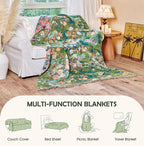 Boho Throw Blanket - 100% Cotton Throw Blankets for Bed Couch, 60"x80" Soft Muslin Lightweight Spring Throw Blanket, Cozy Floral Plant Printed Bohemain Bedding Decor Green Throw Quilt