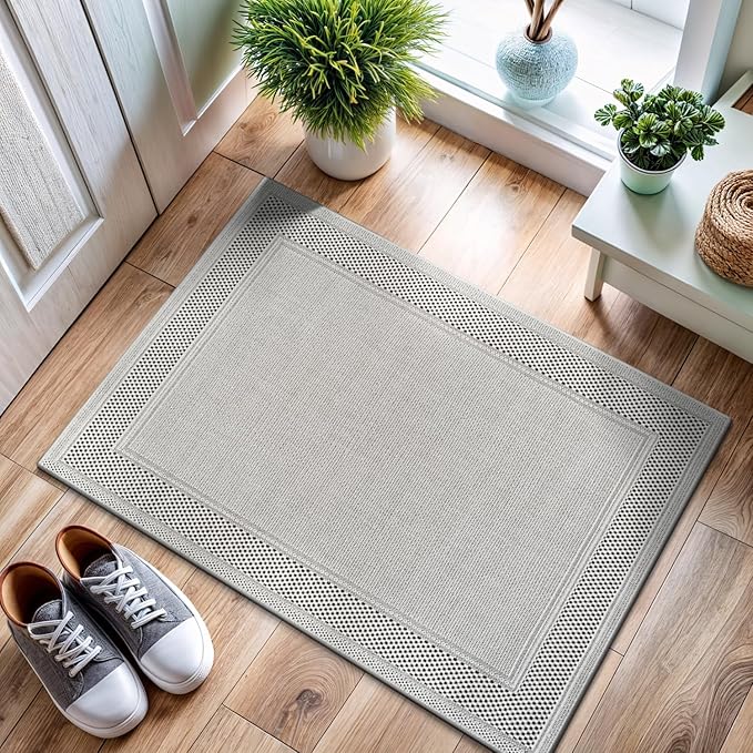 CAMILSON Easy Jute Rug 2x3, Indoor Outdoor Off-White Color Fiber Area Rugs for Entry, Living Room and Kitchen Rug, Bordered Boho Woven Design, Easy-Cleaning, Washable Outside Carpet (2 x 3)