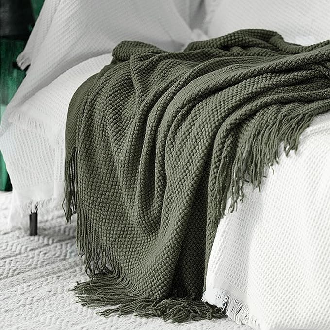 LOMAO Knitted Throw Blanket with Tassels Bubble Textured Lightweight Throws for Couch Cover Home Decor (Dark Olive, 60x80)