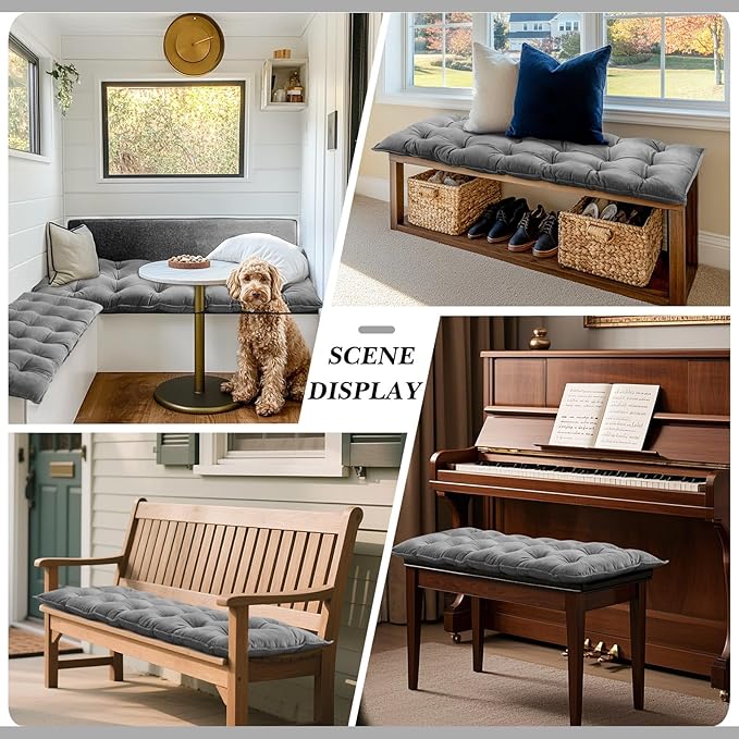 Bench Cushion for Indoor Furniture 40x20 in Velvet Thicken Indoor Window Seat Cushion, Piano Sofa, Entryway Storage, Bay Window Tufted Patio Porch Swing Bench Pad Memory Foam(Gray)