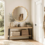 Circle Wood Mirrors for Wall, Wavy Round Bathroom Scalloped Mirror Wooden Frame 24 Inch for Living Room Farmhouse Bedroom Hallway Entryway Living Room with Shatterproof Glass Wall Mounted