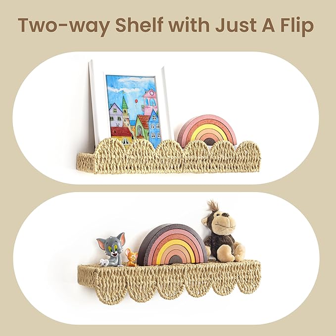 AELS Scalloped Nursery Bookshelf, Set of 3, Picture Ledge Shelf for Wall Decor, Woven Straw Paper Floating Shelves for Books, Toys, Photo Frames, Nursery, Boho Modern Farmhouse Book Shelf, Beige