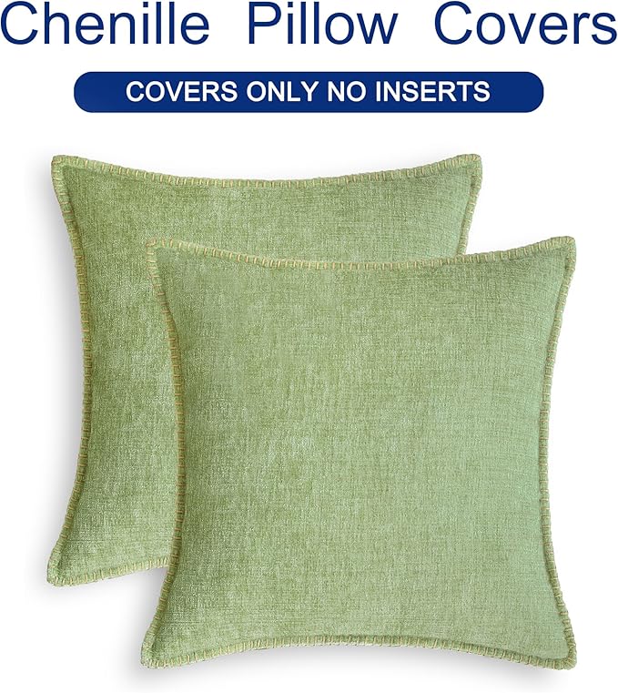 CaliTime Throw Pillow Covers Decorative 24 X 24 Inches Pack of 2 Cotton Thread Stitching Edges Solid Dyed Soft Chenille Cushion Cases for Couch Sofa Bed Living Room Farmhouse Sage Green