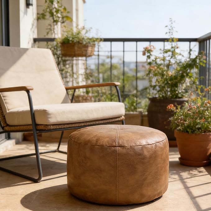 Thgonwid Unstuffed Faux Leather Pouf Cover, Handmade Footstool Ottoman Storage Solution, Floor Footrest Cushion - 16.5”Dx12”H, Mocha