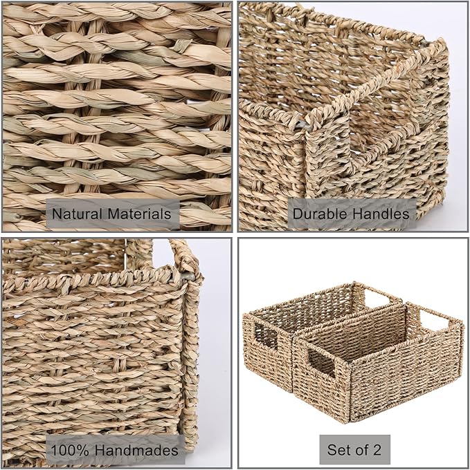 Vagusicc Wicker Storage Basket, Set of 2 Hand-Woven Storage Baskets for Organizing, Small Wicker Basket for Toilet Paper, Foldable Large Cube Storage Organizer Basket Bins for Shelves (Sea Grass)