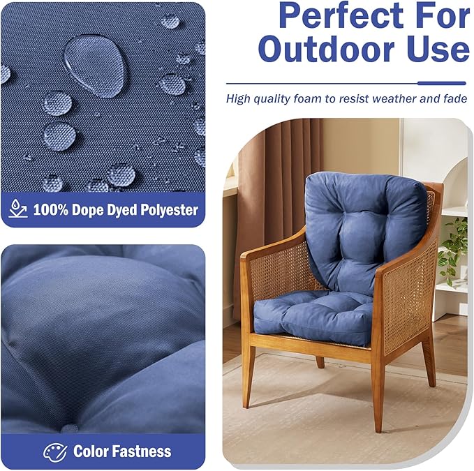 Outdoor Chair Cushions Set of 2, Patio Chair Cushions with Ties, 17x17+4” Tufted Outdoor Seat Cushions, Waterproof Patio Furniture Cushions, Outdoor Dining Chair Pads, Navy
