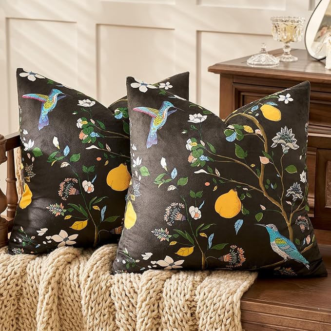 MUSSEL Brown Velvet Throw Pillow Covers 16x16 Pack of 2, Vintage Floral Pillow Covers, Mid Century Flower Plant Cushion Covers for Sofa Living Room Home Decor