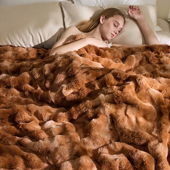 EMME Faux Fur Throw Blanket Tie Dye Dark Brown - Big Bubble Rabbit Cozy Blanket for Couch, Small Fluffy Fuzzy Cozy Blanket, Thick Furry Plush Shaggy Blankets, 650GSM, 50x60 Inches