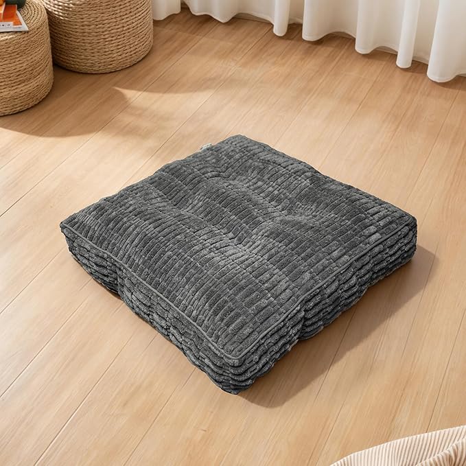 Floor Cushions, Corduroy Floor Pillow, Floors Pillows for Adults & Pets, Large Floors Pouf, Square Floored Pillows for Sitting & Yoga(2PC, Dark Grey，22"×22"×5.9")