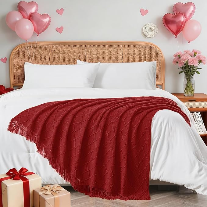 inhand Pomegranate Red Knitted Throw Blanket for Couch Bed, Mothers Day/Mom Birthday Gifts for Mom from Daughter Son, Soft Lightweight with Tassels, Farmhouse Decorative Blanket for Women, 50"x60"