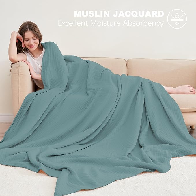 Cosy Family 6 Layer Muslin Bed Blanket - Breathable and Lightweight Gauze Boho Blanket for Spring, Soft 100% Cotton Muslin, Green, 80x90 Inches
