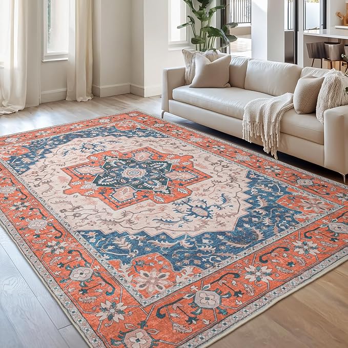 Lessymo 5x7 Area Rugs for Living Room- Machine Washable Area Rugs, Super Soft Faux-Wool Boho Bedroom Area Rug Vintage Floral Medallion Non-Slip Low Pile, Kid & Pet Friendly, Tangerine Blue