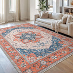 Lessymo 5x7 Area Rugs for Living Room- Machine Washable Area Rugs, Super Soft Faux-Wool Boho Bedroom Area Rug Vintage Floral Medallion Non-Slip Low Pile, Kid & Pet Friendly, Tangerine Blue